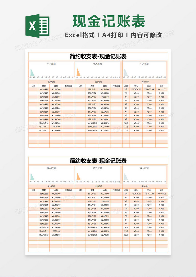 橙色简约简约收支表现金记账表excel模版