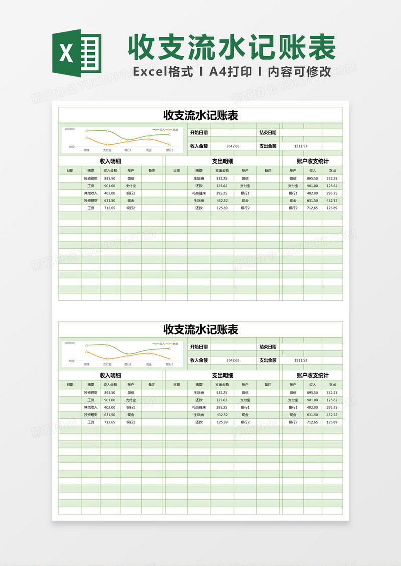 绿色简约收支流水记账表excel模版