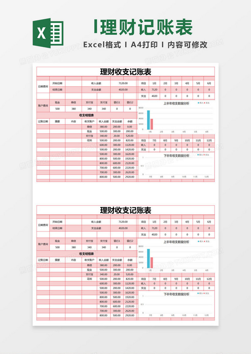 红色简约理财收支记账表excel模版