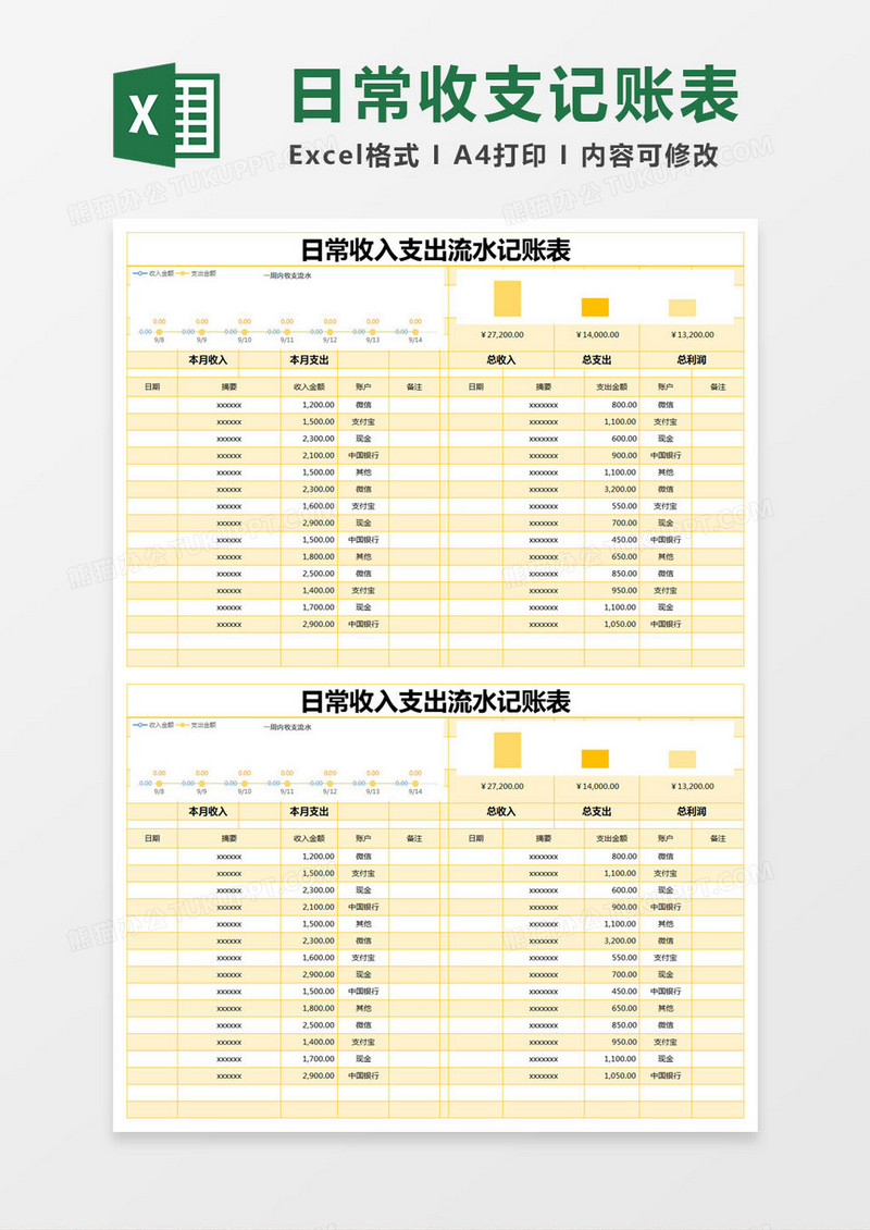 黄色简约日常收入支出流水记账表excel模版