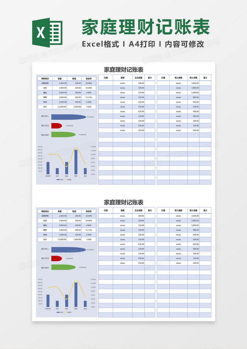 蓝色简约家庭理财记账表excel模版