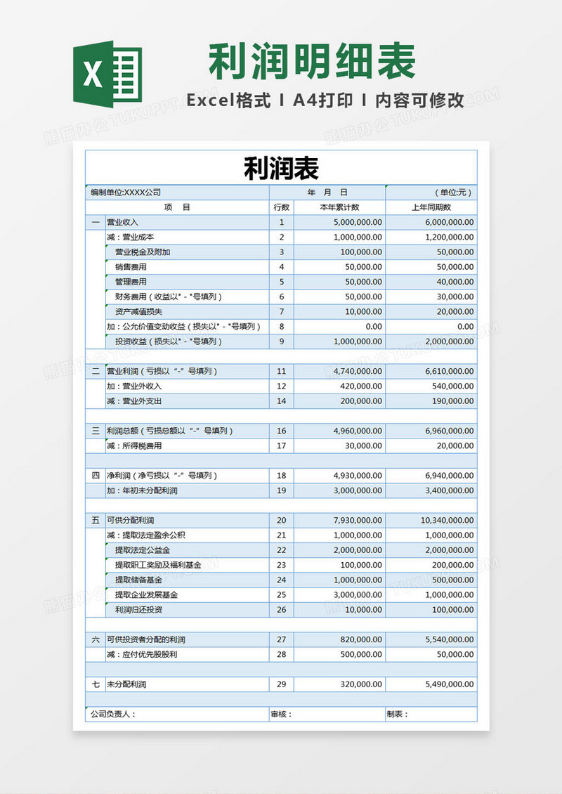 蓝色简约利润表excel模版