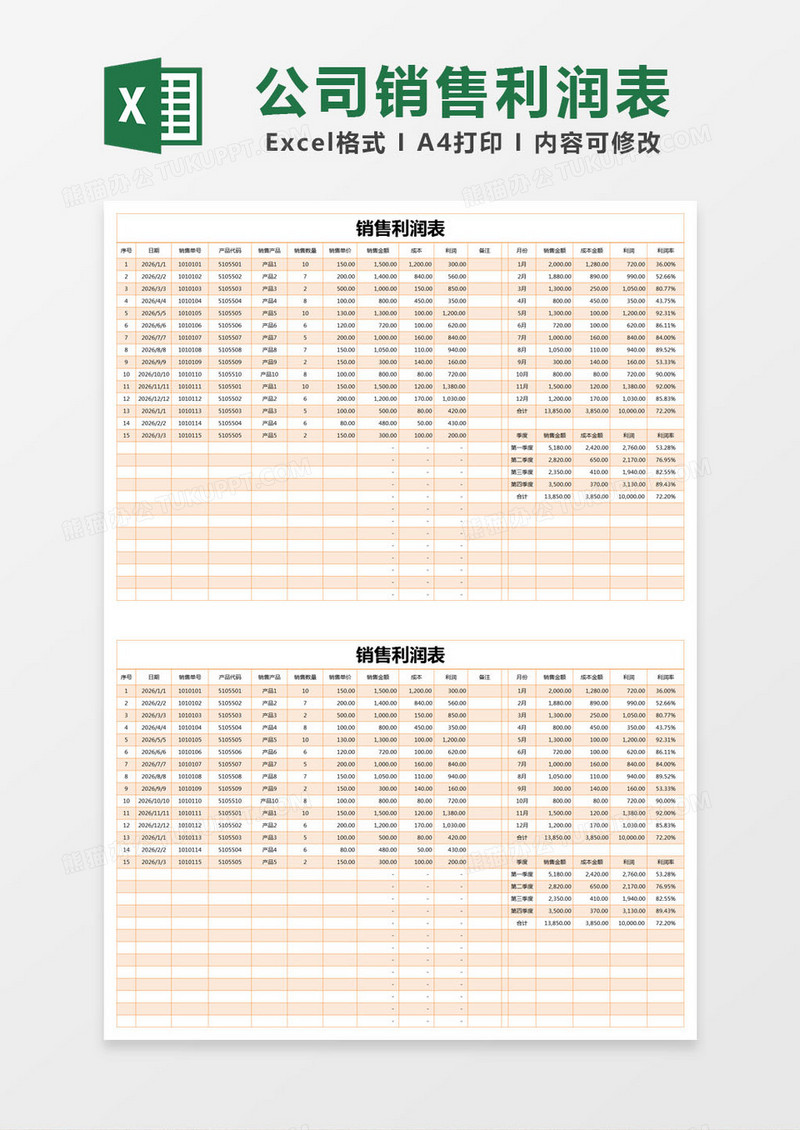橙色简单销售利润表excel模版