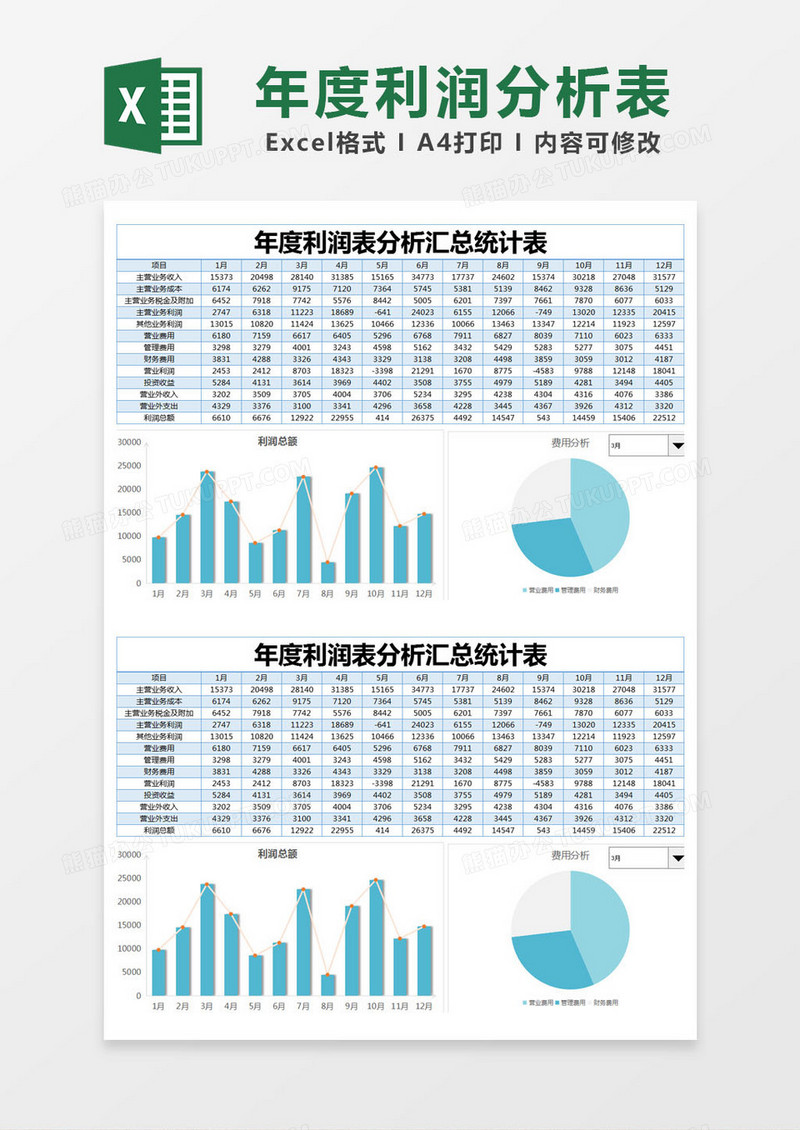 蓝色简约年度利润表分析汇总统计表excel模版