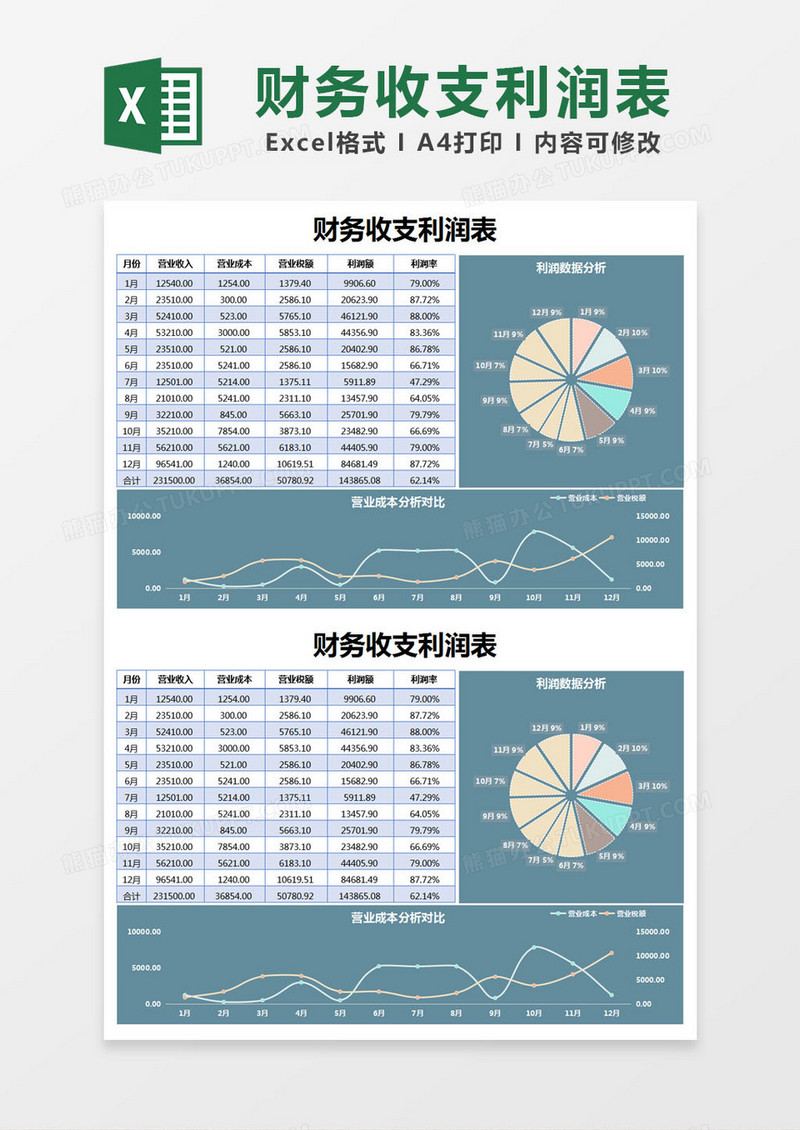 蓝色简约财务收支利润表excel模版