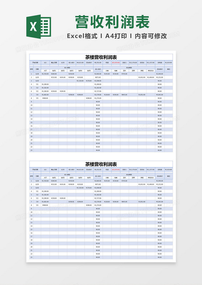 蓝色简约茶楼营收利润表excel模版