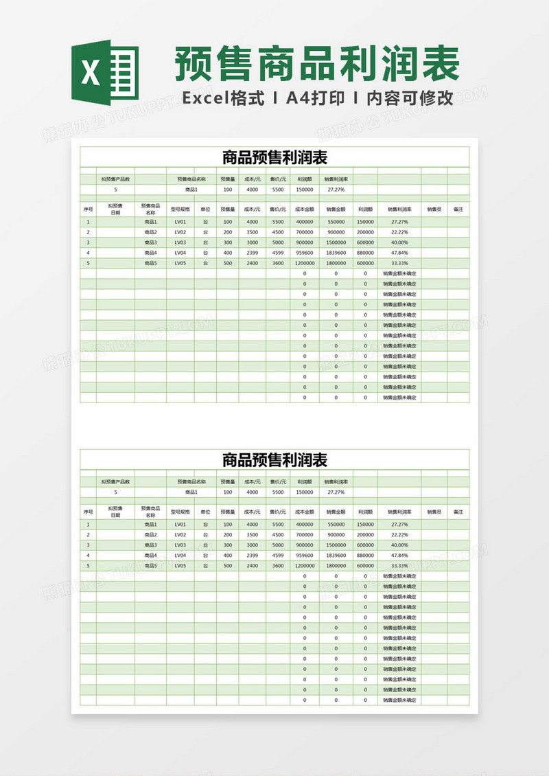 绿色简约商品预售利润表excel模版