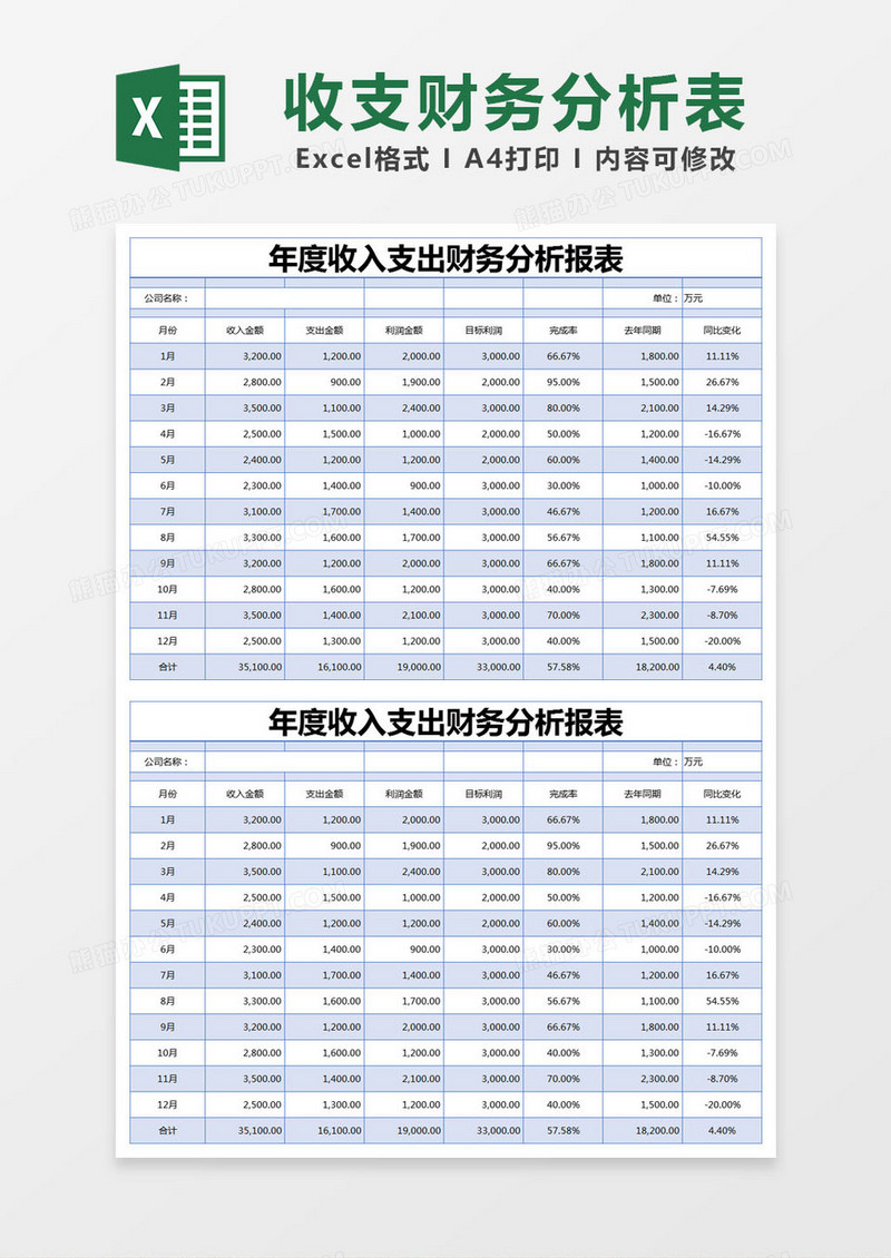 蓝色简约年度收入支出财务分析报表excel模版