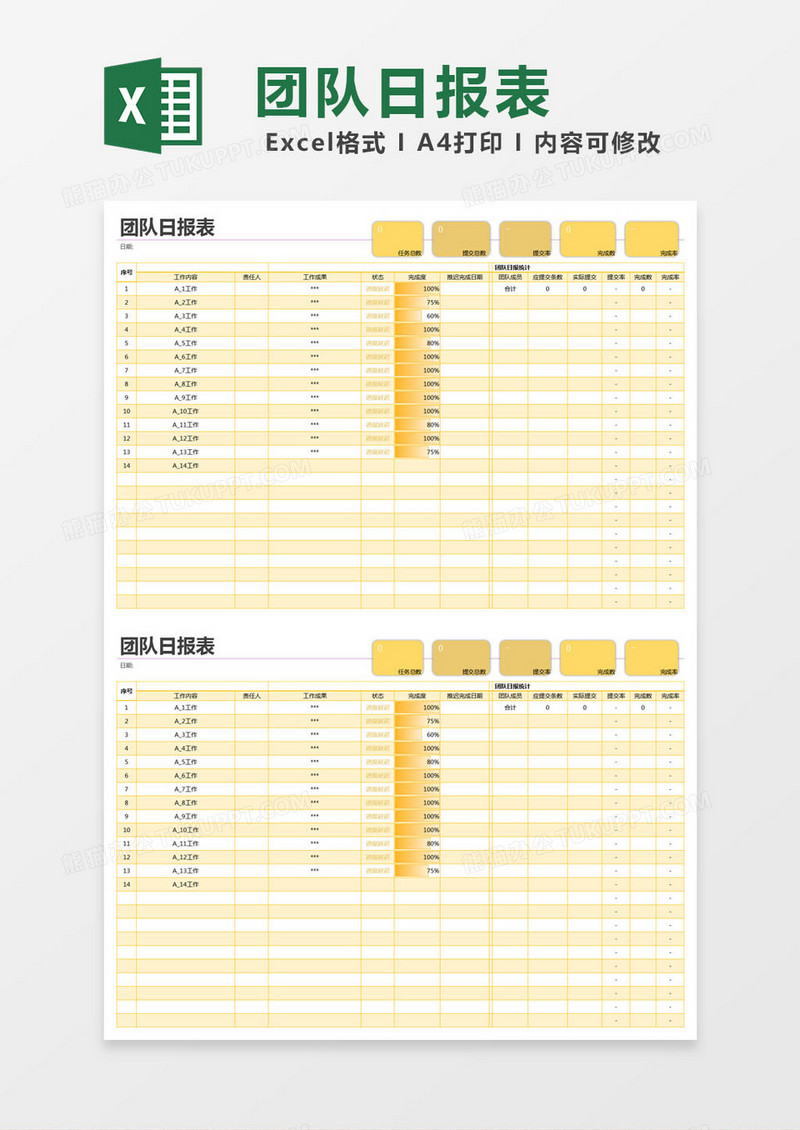 黄色简约团队日报表excel模版