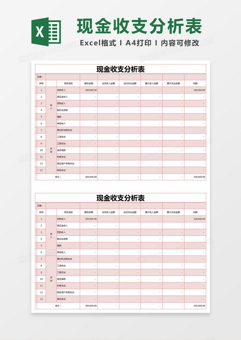 红色简约现金收支分析表excel模版