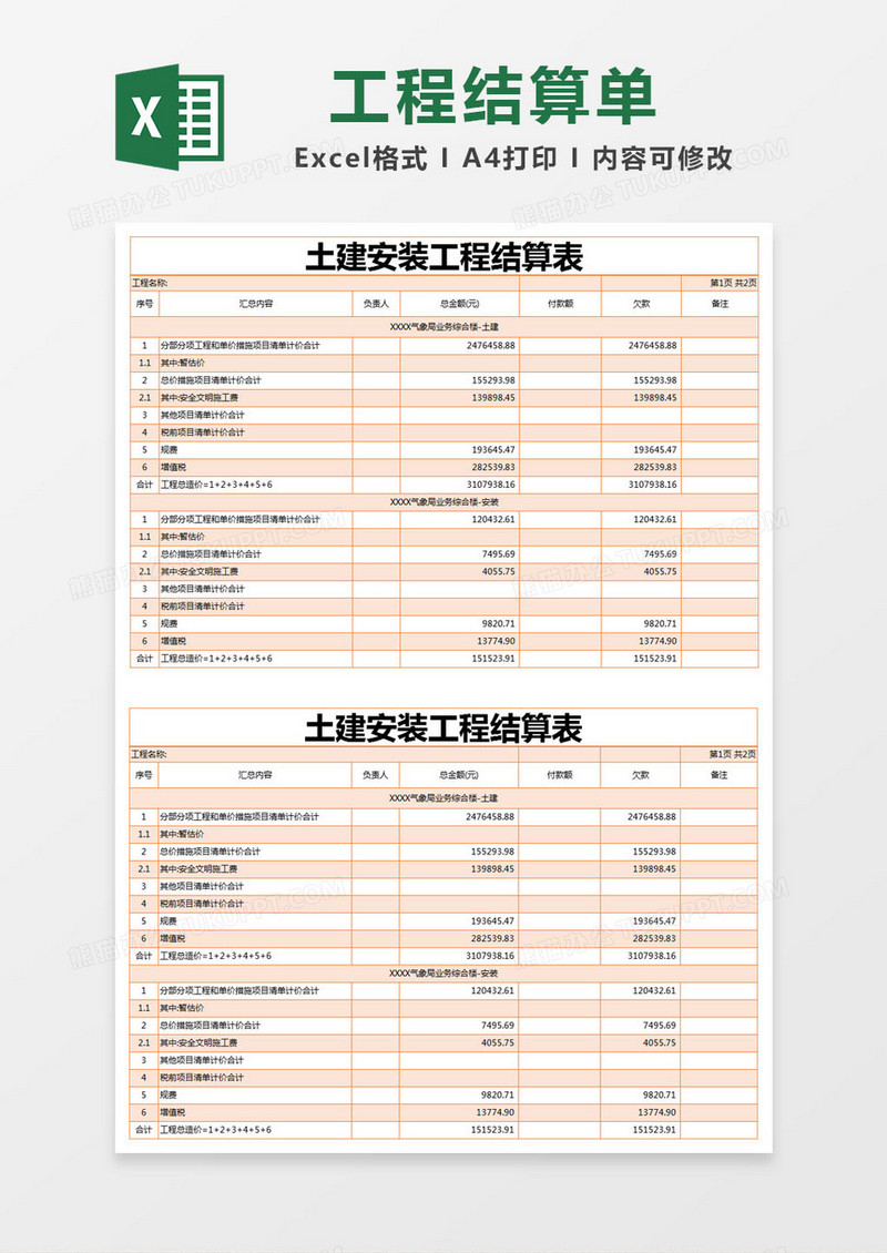 橙色简约土建安装工程结算表excel模版