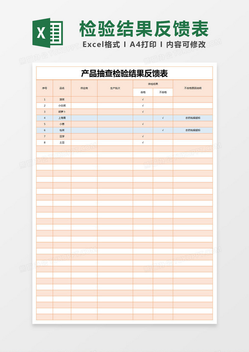 橙色简约产品抽查检验结果反馈表excel模版