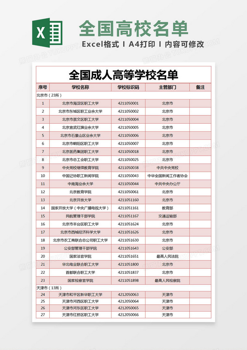 红色简约全国成人高等学校名单excel模版