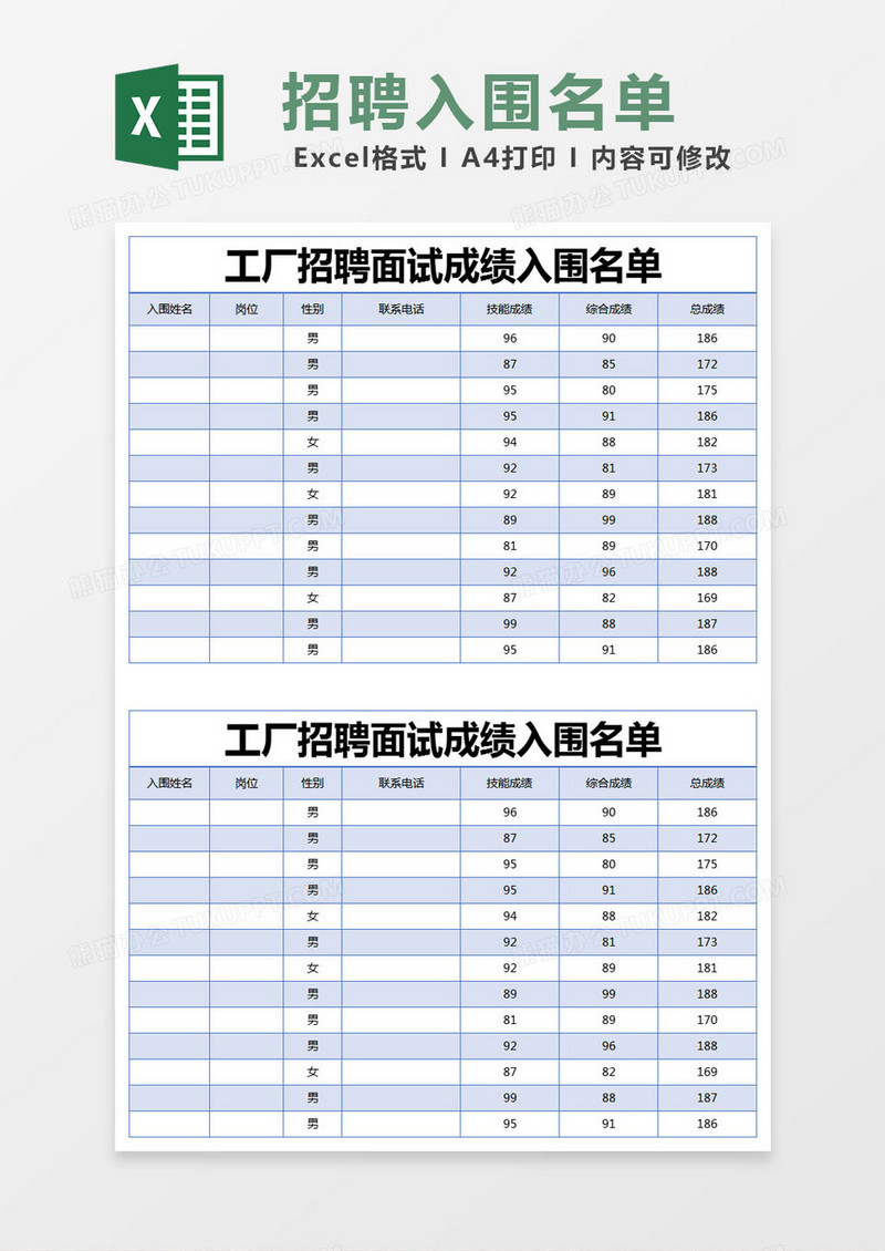 蓝色简约工厂招聘面试成绩入围名单excel模版