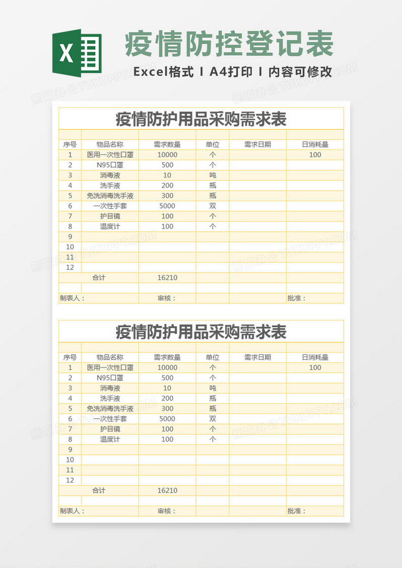 简约疫情防护用品采购需求表excel模版