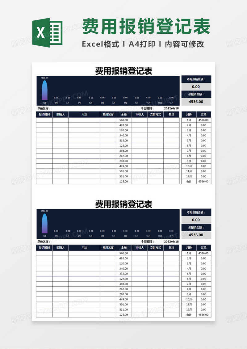 简约费用报销登记表登记表excel模版