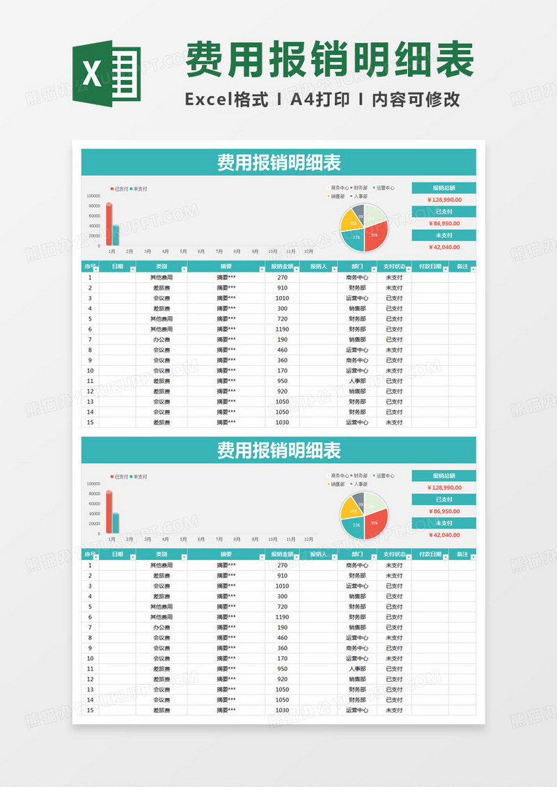 简约费用报销明细表明细表excel模版