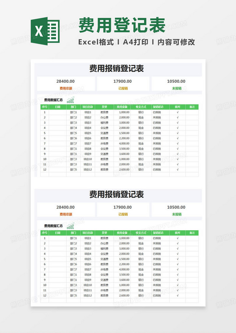 简约费用报销登记表明细表excel模版