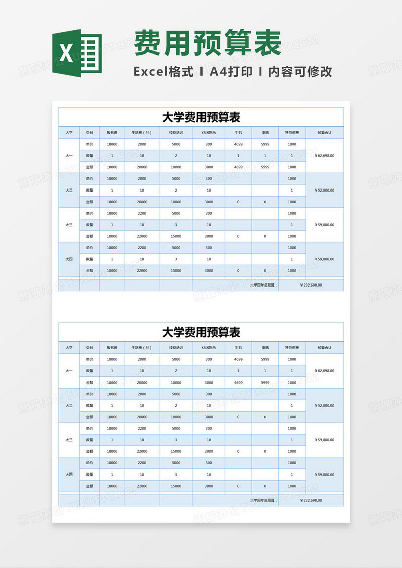 简约大学费用预算表excel模版