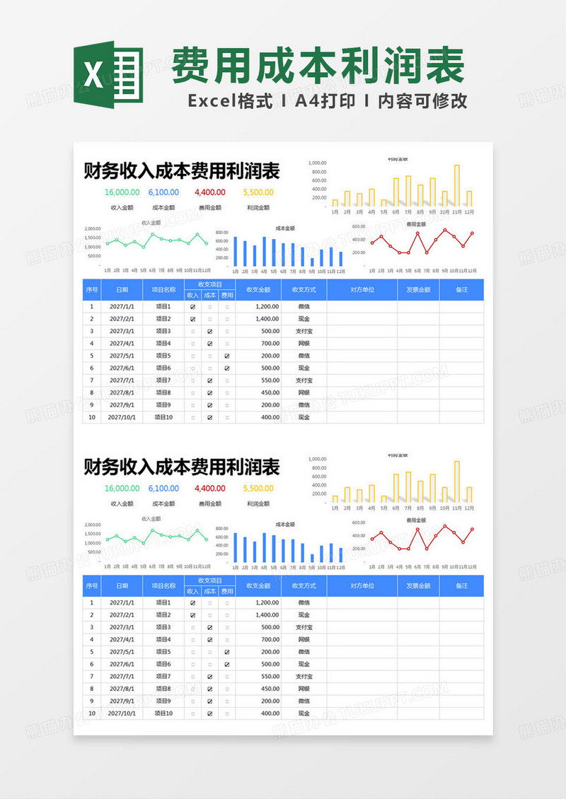 简约财务收入成本费用利润表excel模版