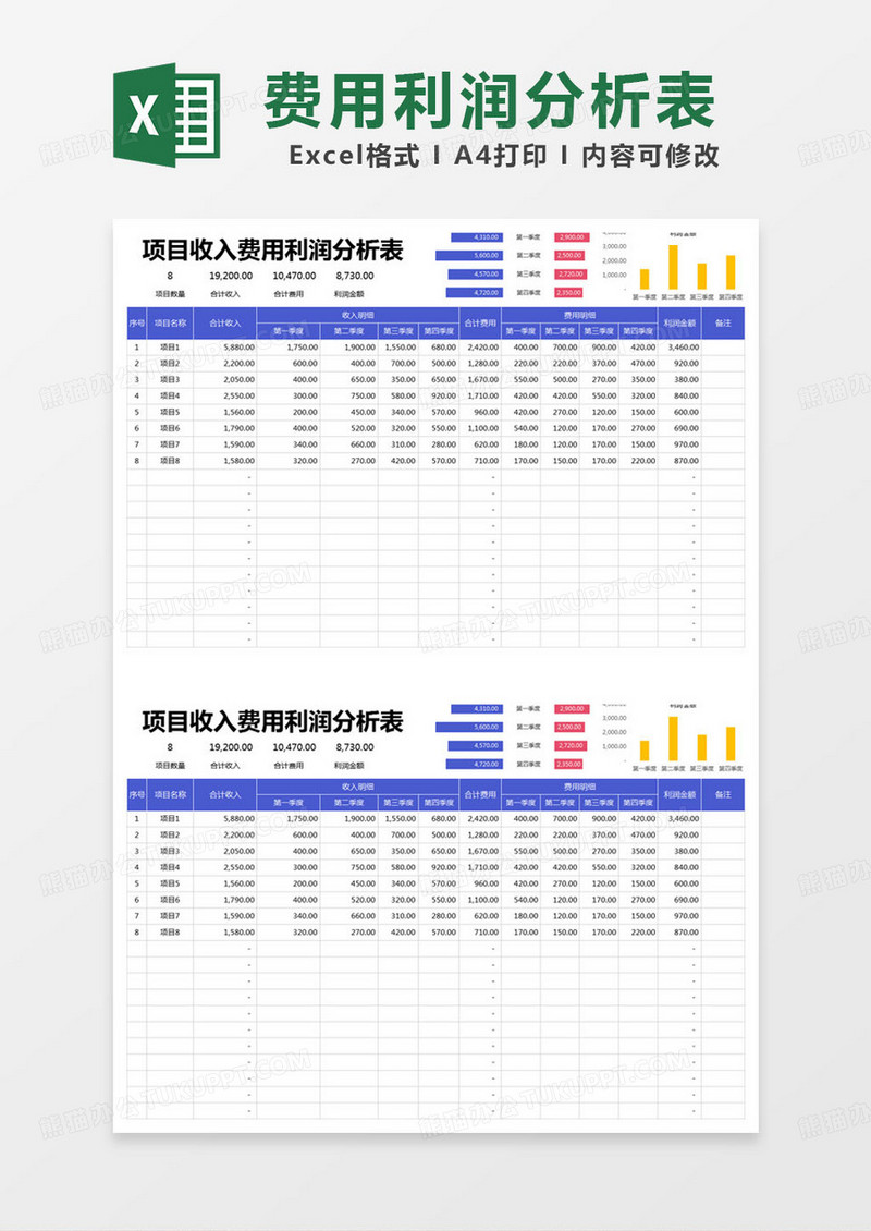 简约项目收入费用利润分析表excel模版