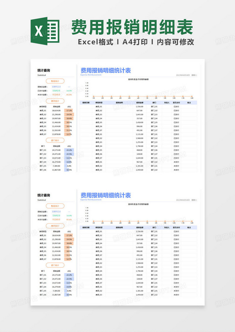 简约费用报销明细统计表excel模版