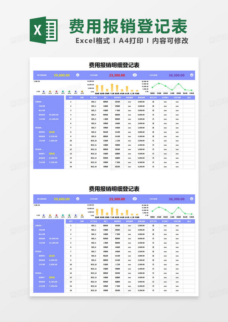 简约费用报销明细登记表excel模版