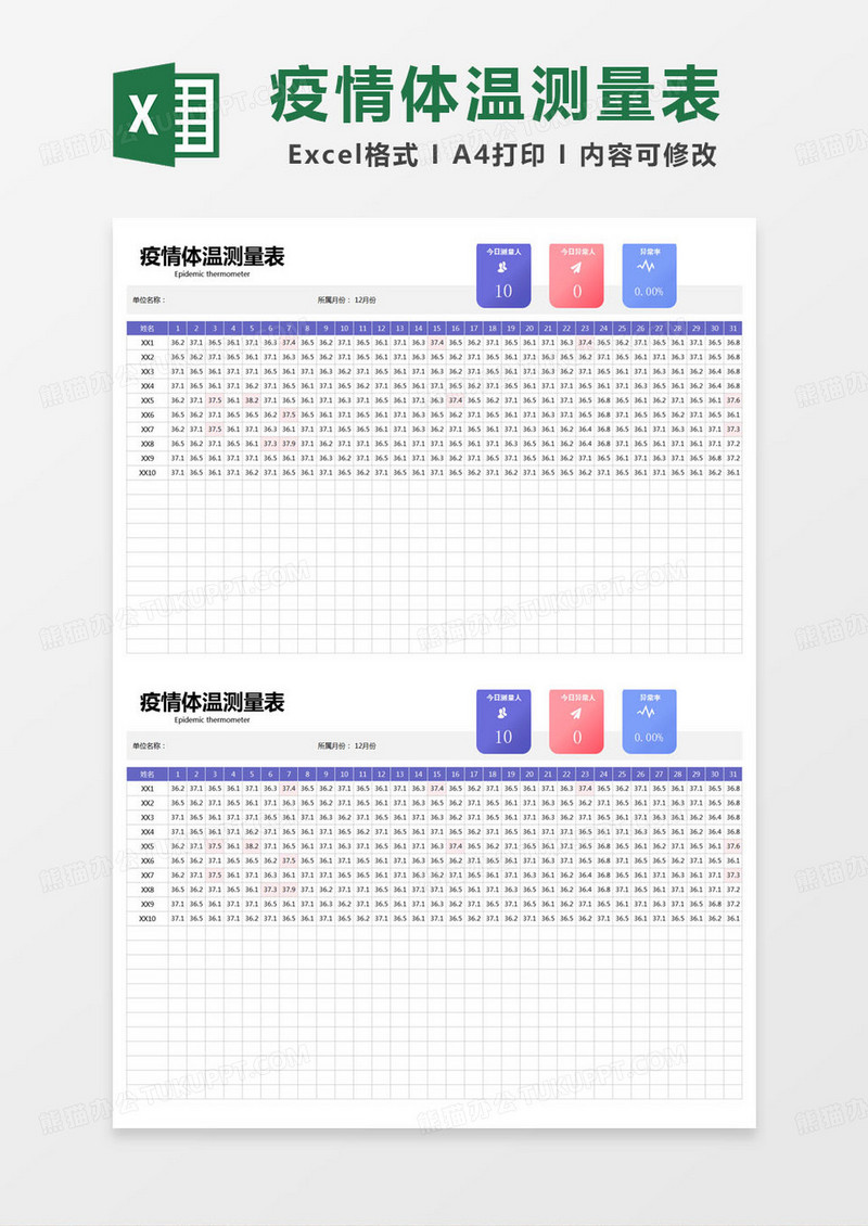 简约疫情体温测量表excel模版