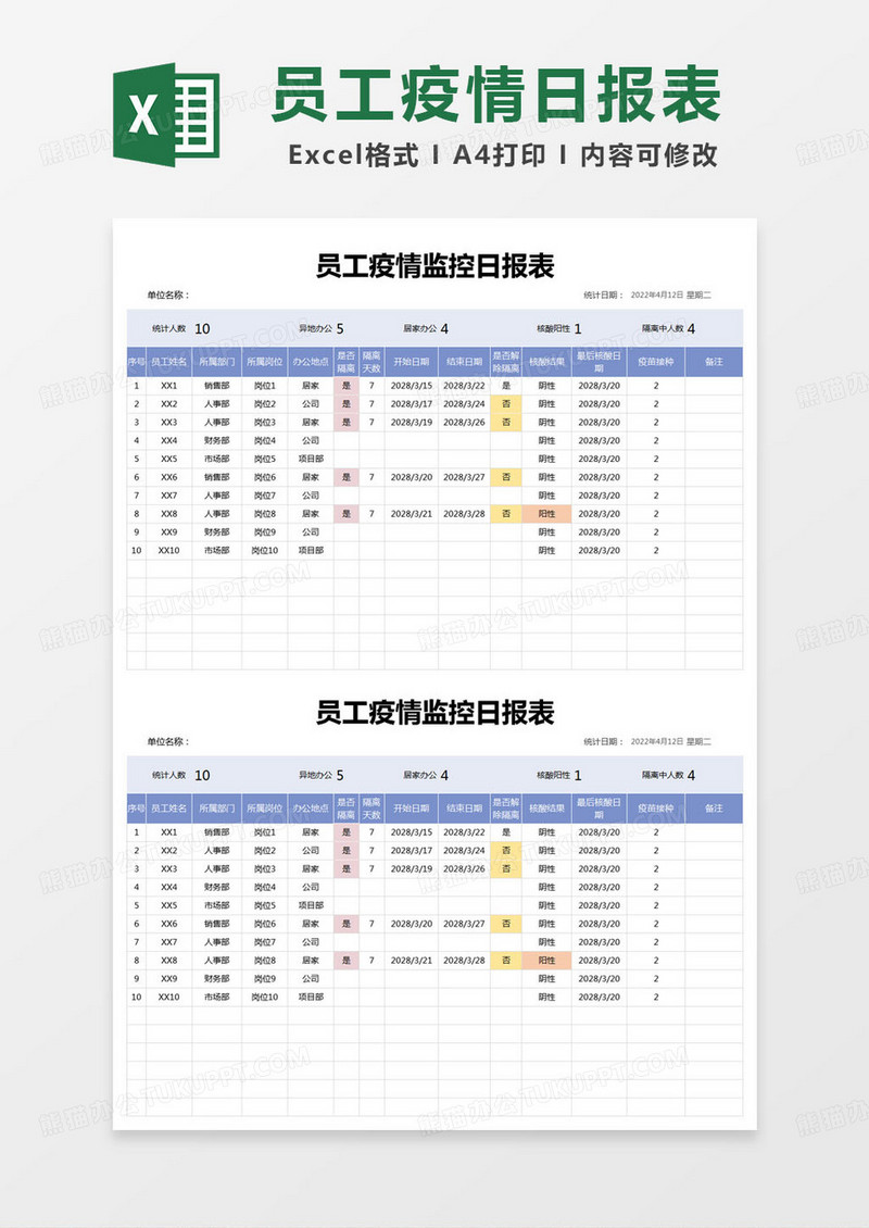 简约员工疫情监控日报表excel模版