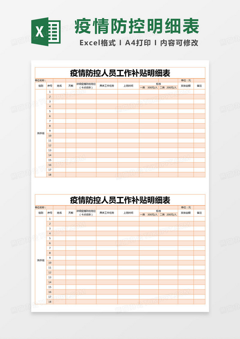 简约疫情防控人员工作补贴明细表excel模版