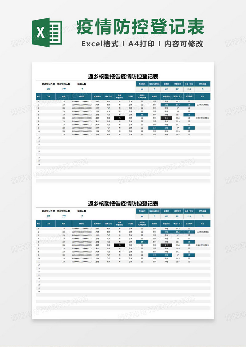 简约返乡核酸报告疫情防控登记表excel模版