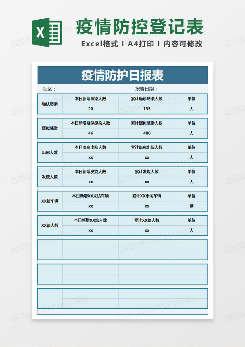 简约疫情防护日报表登记表excel模版