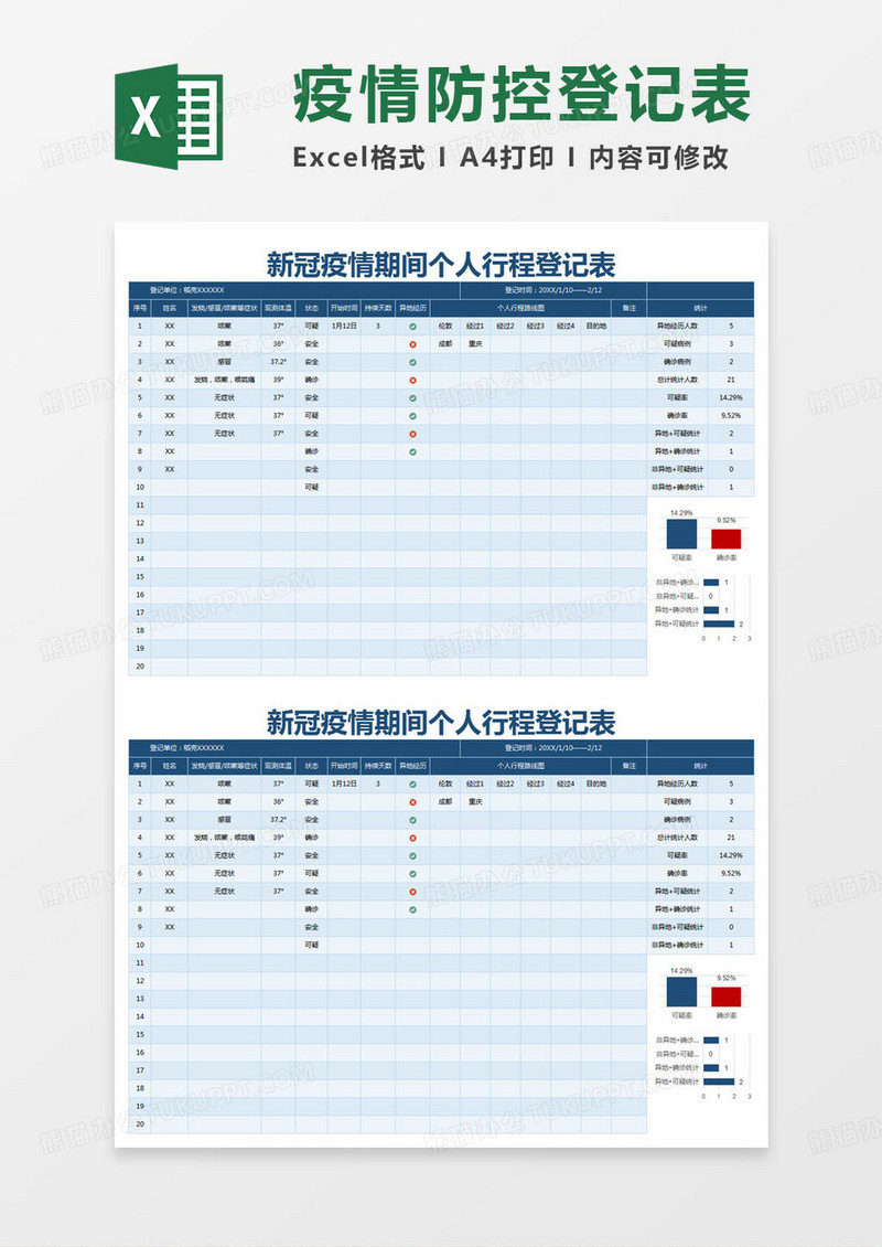 简约登记表新冠疫情期间个人行程登记表excel模版