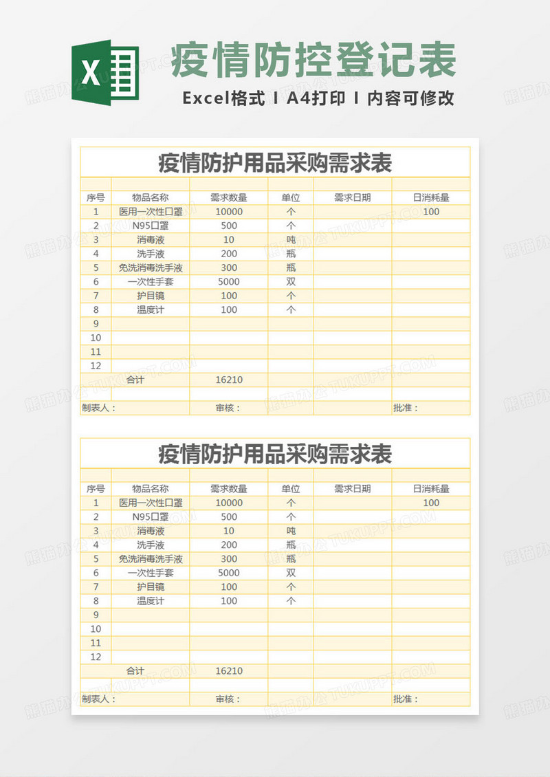 简约登记表疫情防护用品采购需求表excel模版