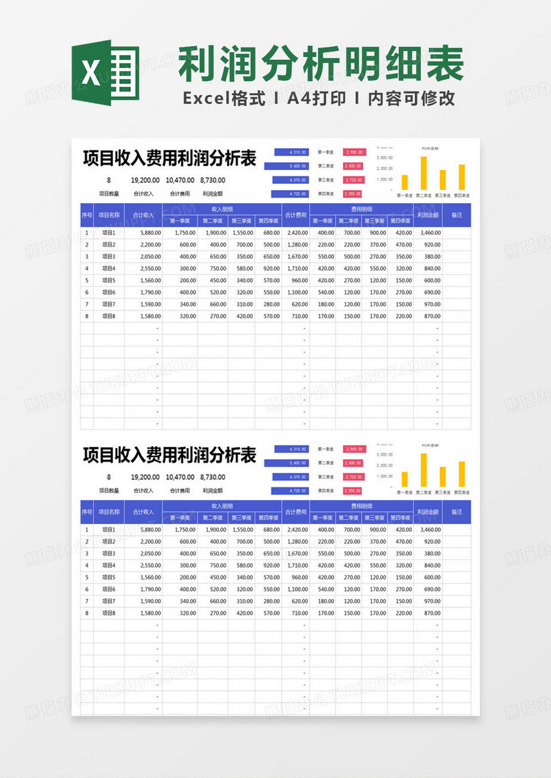 简约公司项目收入费用利润分析表excel模版