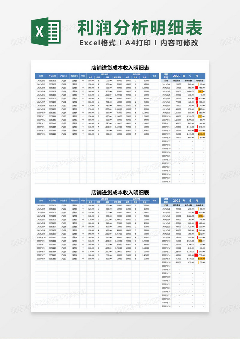 简约店铺进货成本收入明细表excel模版