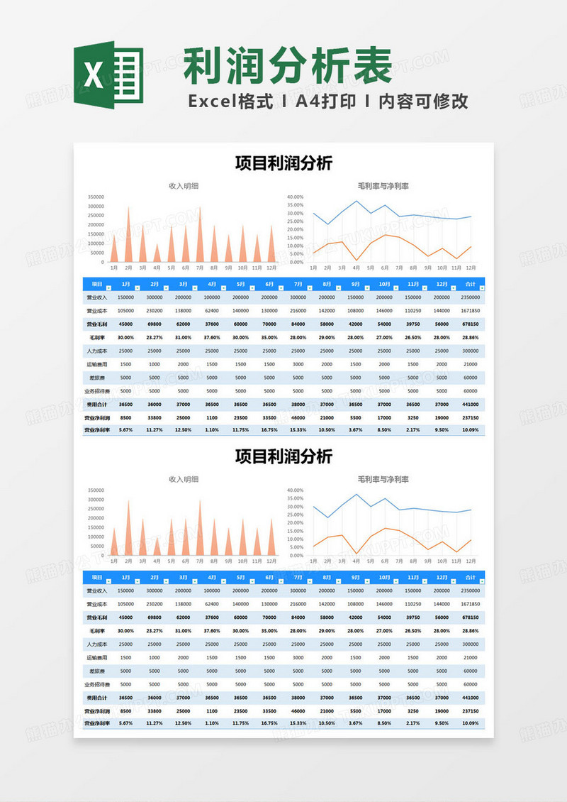 简约项目利润分析excel模版