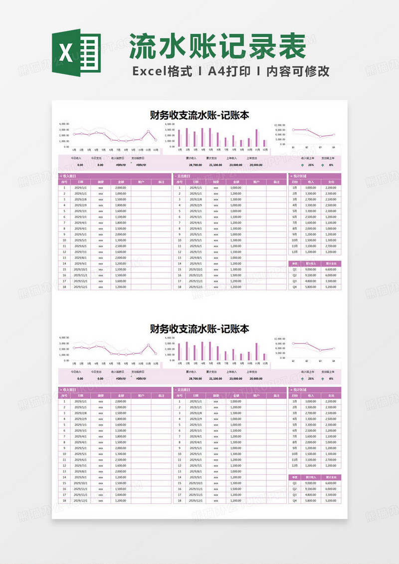 简约财务收支流水账excel模版