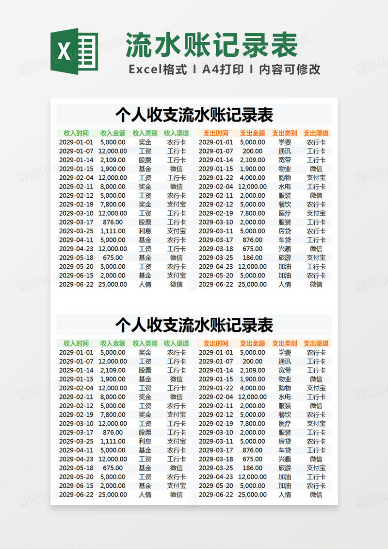 简约个人收支流水账记录表excel模版