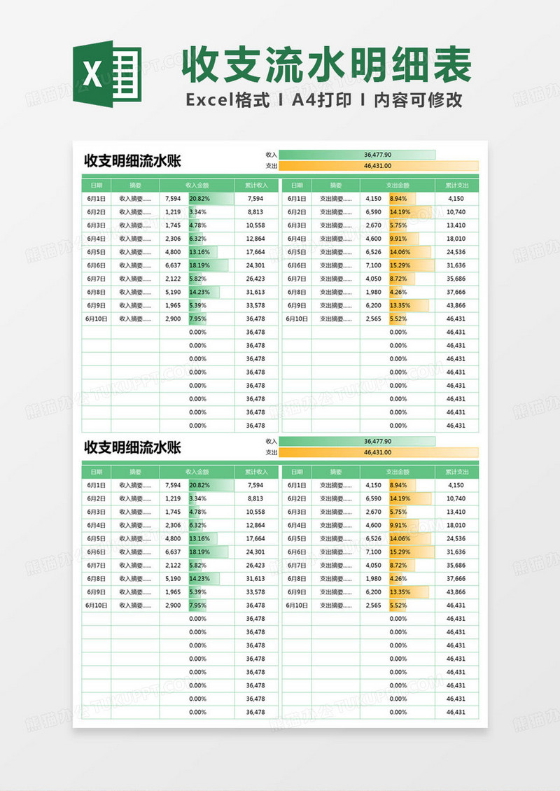 简约收支明细流水账明细表excel模版