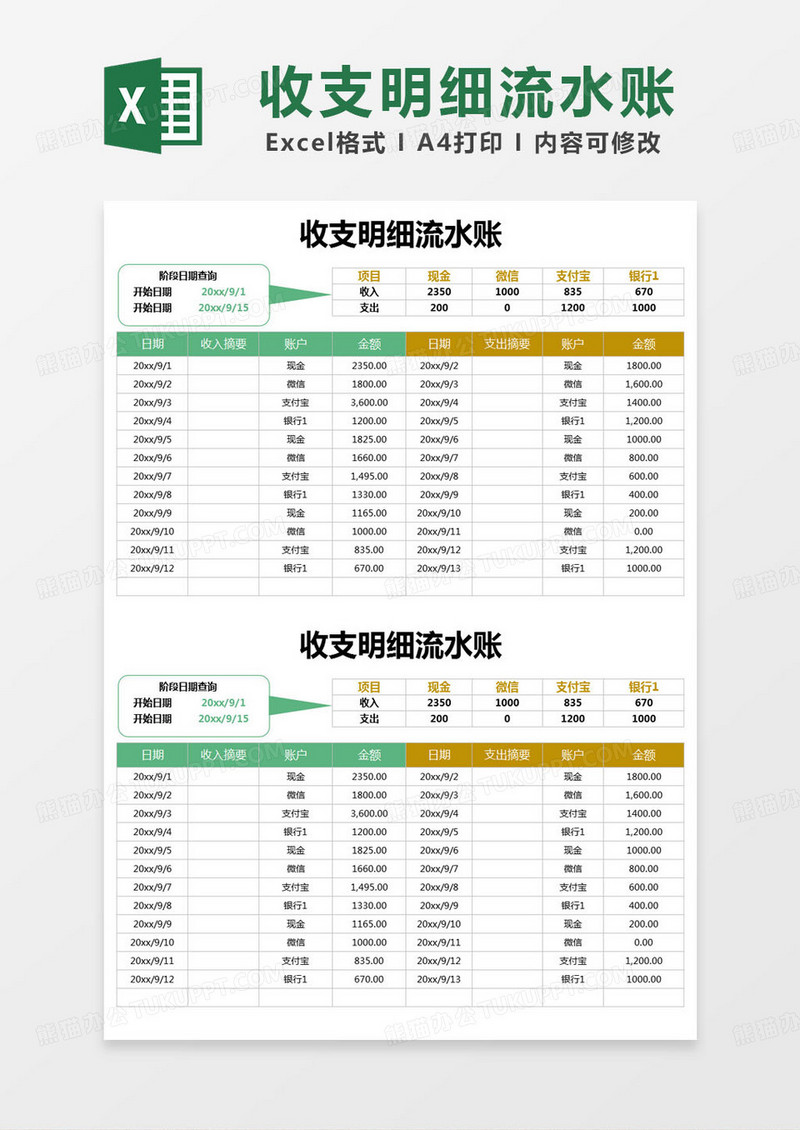 简约部门收支明细流水账记录表excel模版