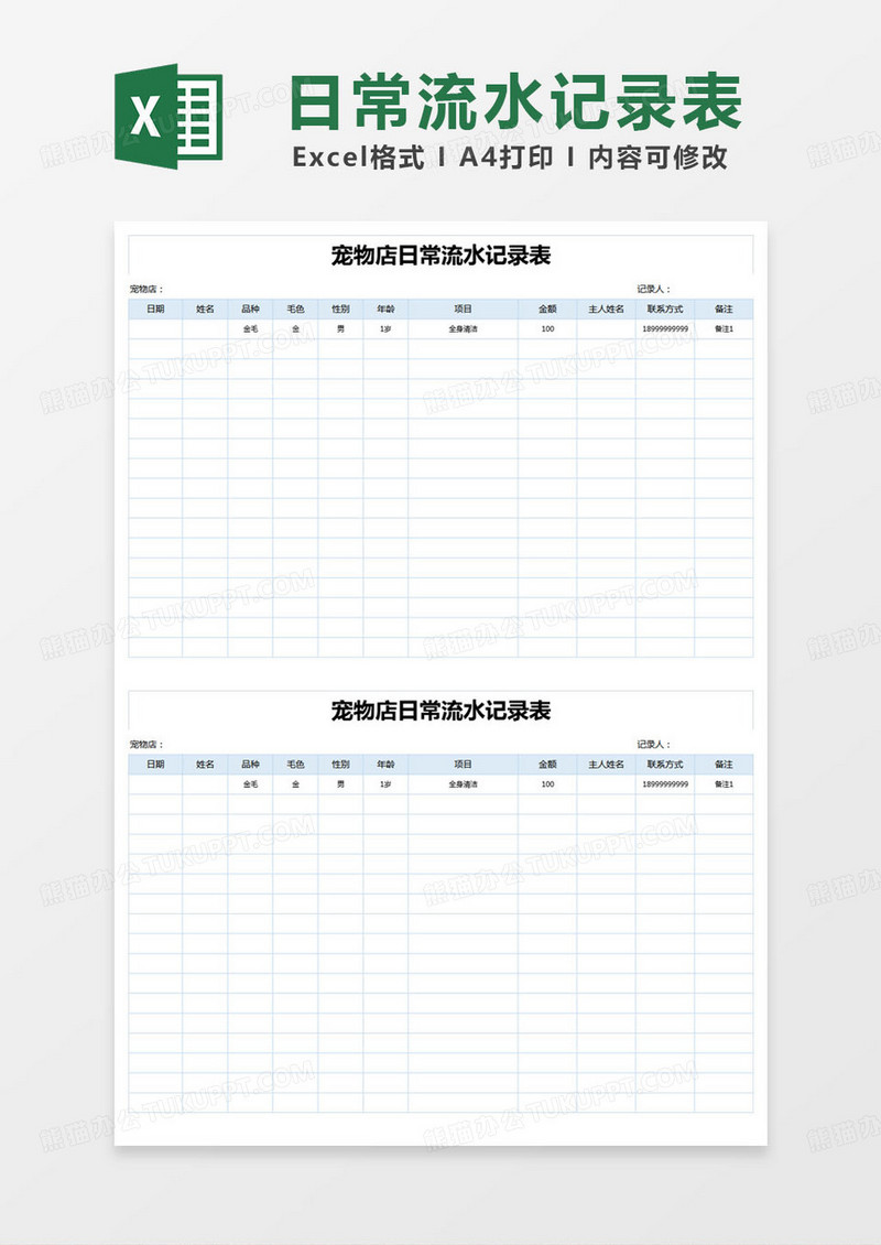 简约宠物店日常流水记录表excel模版