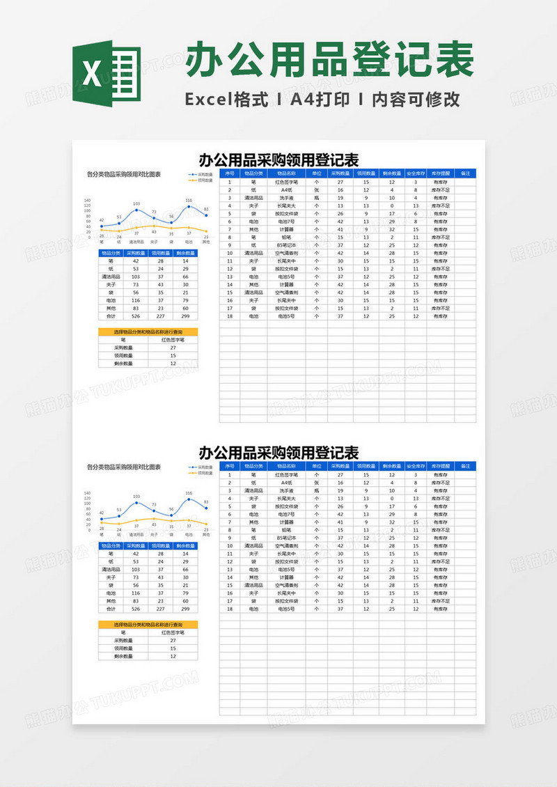 简约办公用品采购领用登记表excel模版