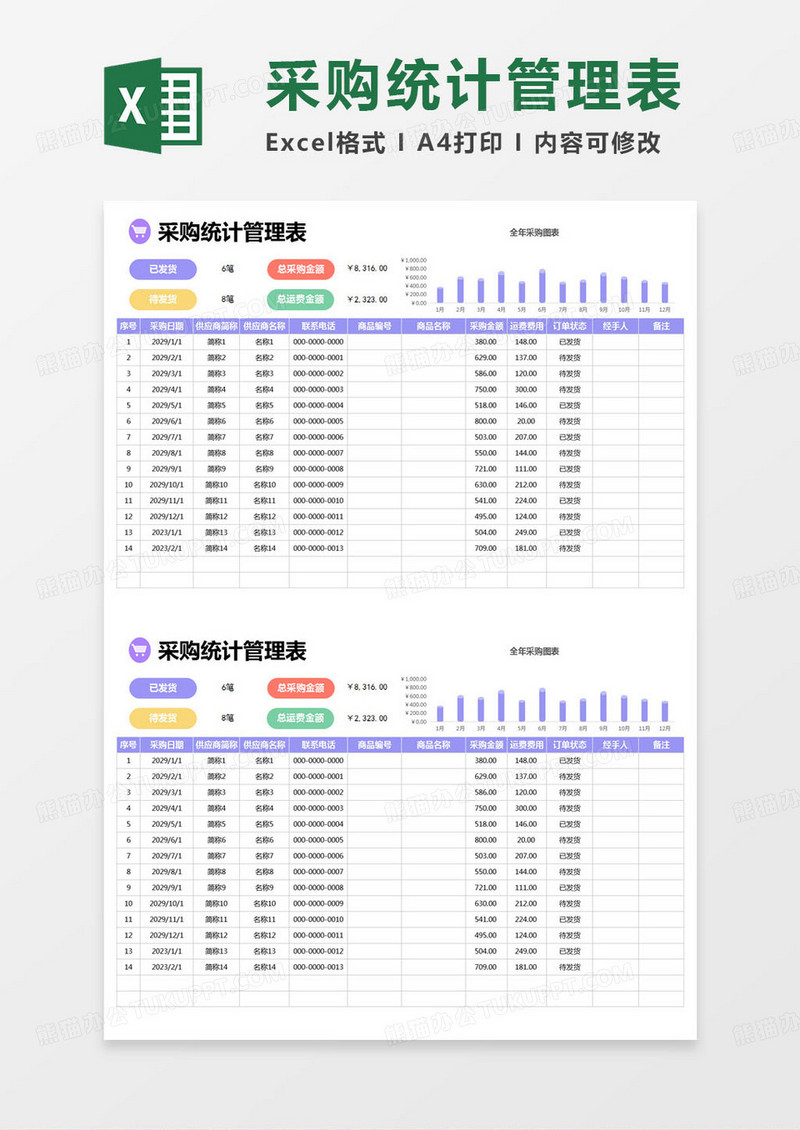 简约采购统计管理表excel模版