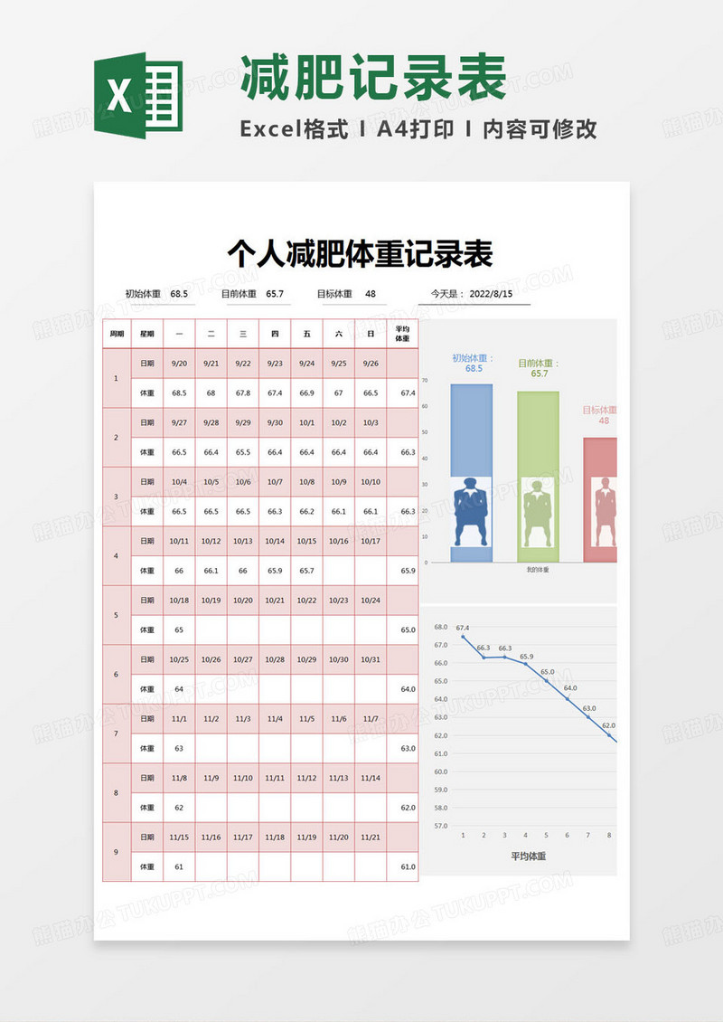 简约个人减肥体重记录表excel模版