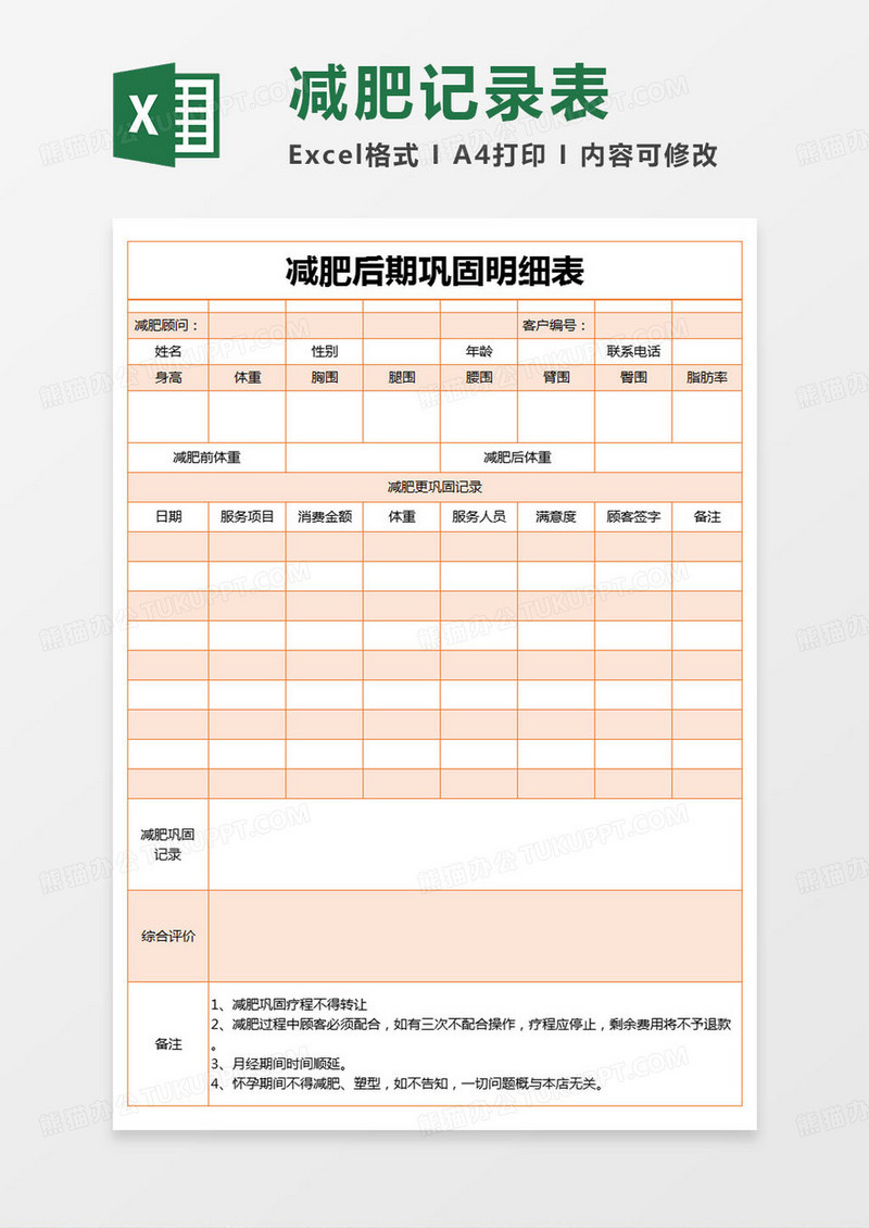 简约减肥后期巩固明细表excel模版