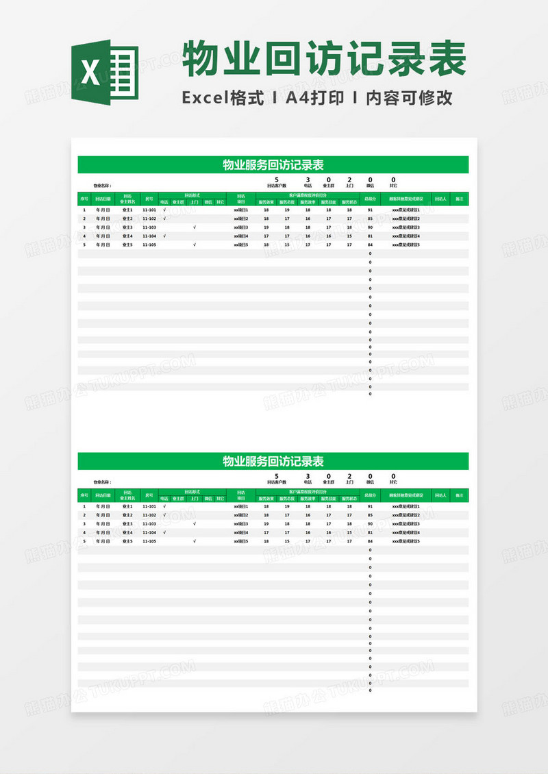 简约物业服务回访记录表excel模版