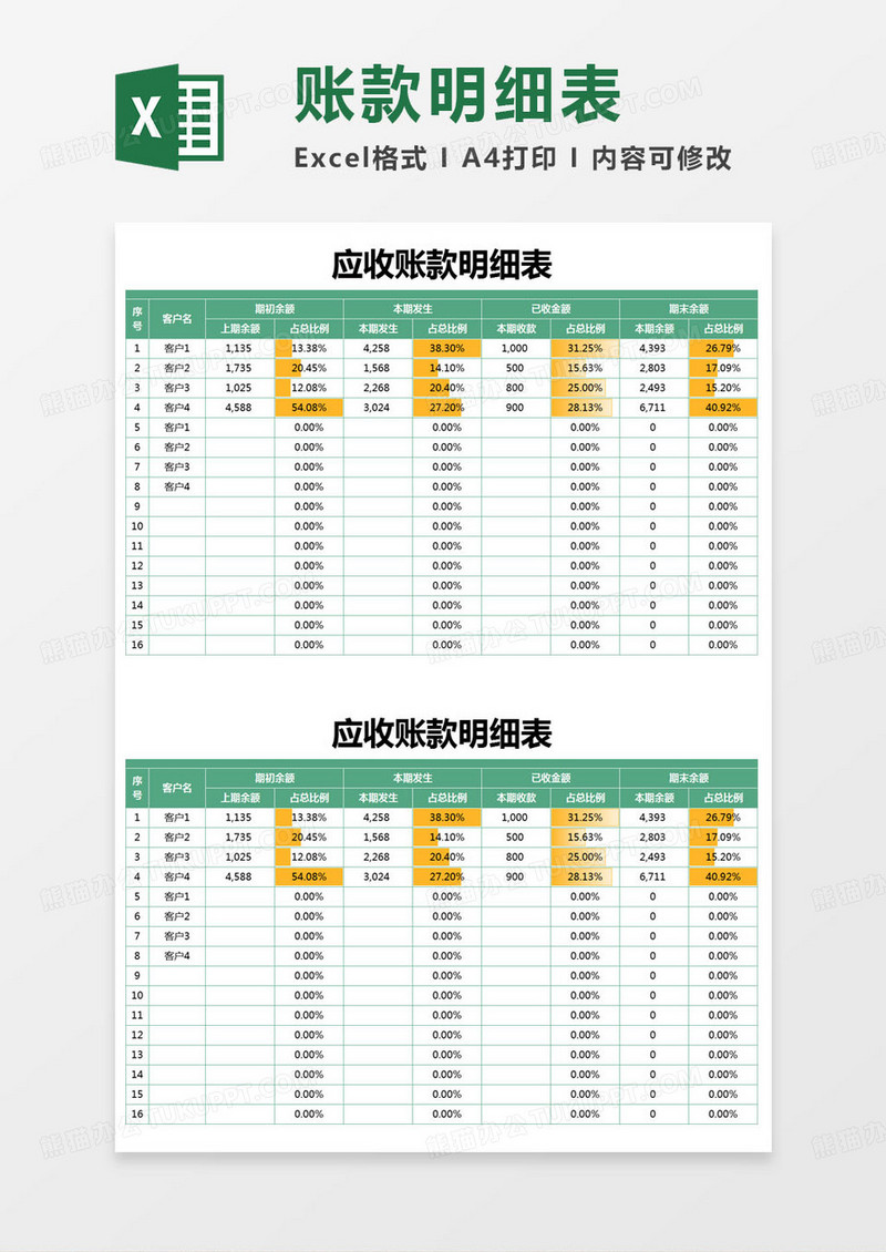 简约部门应收账款明细表excel模版