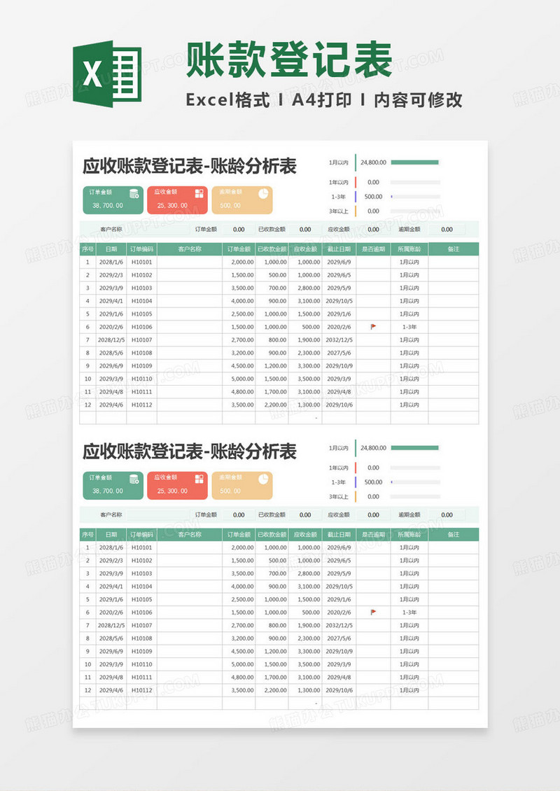 简约应收账款登记表-账龄分析表excel模版