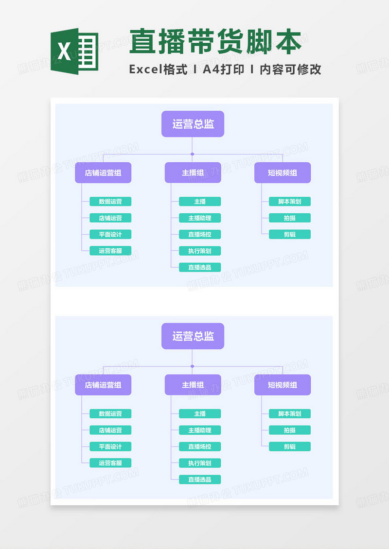 简约带货直播团队组织架构图excel模版